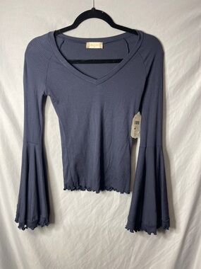 Altar'd State Slate Blue Ribbed V‑Neck Bell Sleeve Top